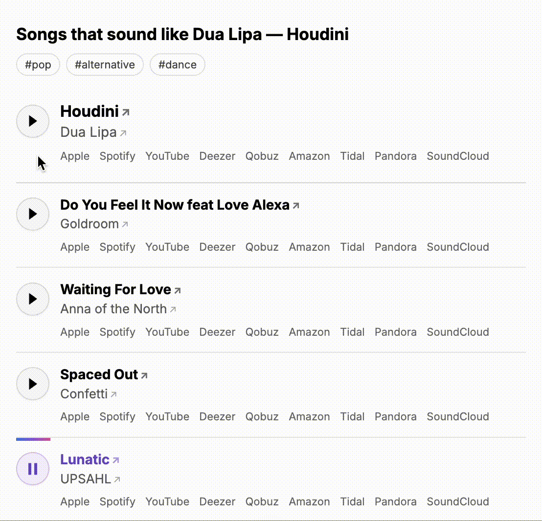 MusicAtlas sonic search results for tracks that sound like Houdini by Dua Lipa, with listening links across nine streaming services.